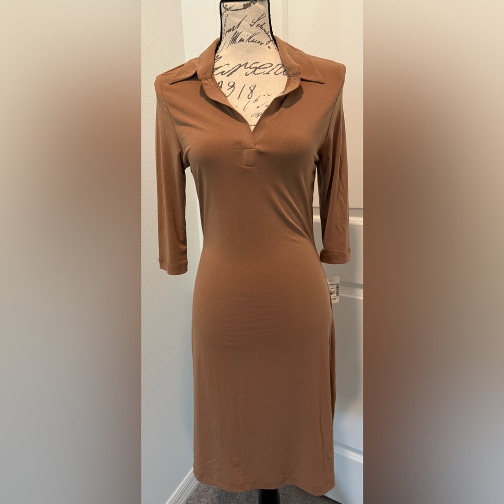 Vintage NWT Selections Elegant V-Neck 3/4 Sleeve Tan Midi Dress